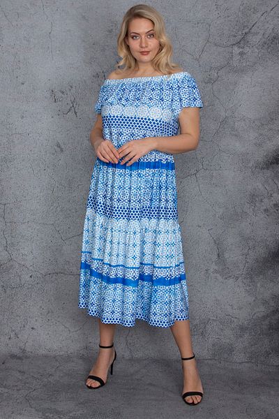 Şans Rochie de damă cu guler albastru cu volan Madonna de mărime mare 65n24145