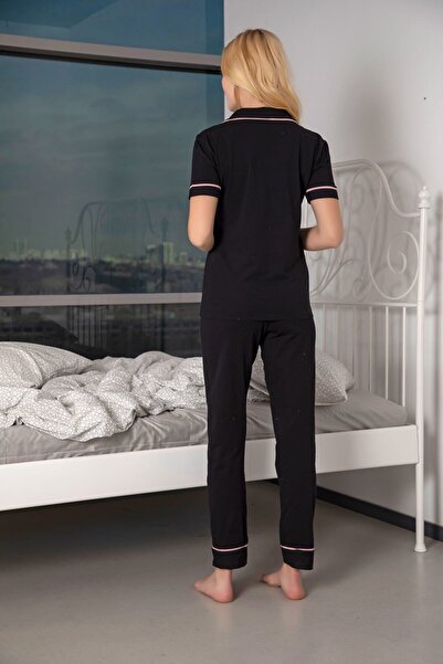 Huq Moda Black Red Piping Cotton Lycra Buttoned Short Sleeve Pajamas Set