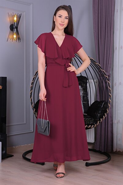 Neşeli Butik فستان نسائي طويل من الشيفون مبطن ومزين بالدانتيل Nb8047