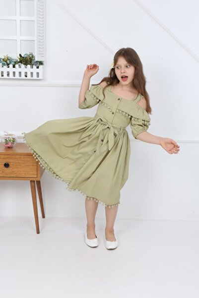 şımarık kids Girl's Green Pompom Crepe Dress