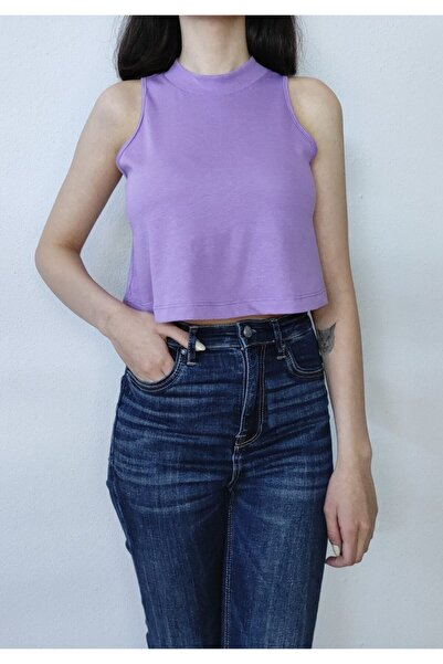 Bomenti Life Kadın Lila Kolsuz Dik Yaka %100 Pamuk Crop T-shirt