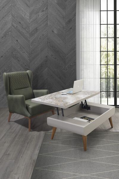 MODEL DESİGN Mt 112 Açılır Mdf Orta Sehpa Beyaz Mermer Desen