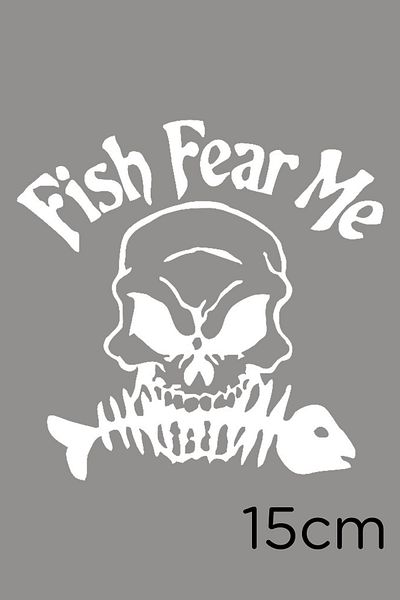New Jargon Autocolant cu craniu cu pește Fear Me text și pește în gura 15cm - alb