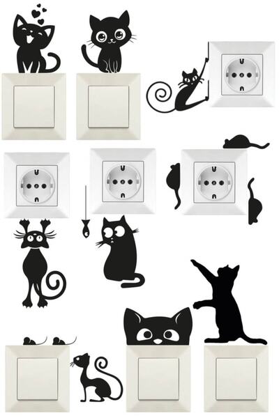 Quart Aksesuar 9'lu Sevimli Kedili Priz Üstü Sticker Duvar Sticker Siyah