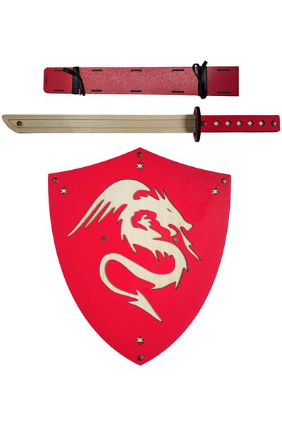Ahtek Wooden Japanese Samurai-Ninja Shield And Catana Sword, Red