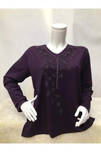 Nacar Anne Yeni Sezon Mürdüm Rengi Taşlı Penye Bluz