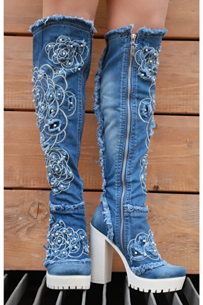 StarBlueMooN Kadın Mavi Uzun Kot Çizme