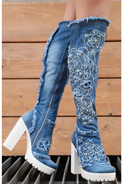 StarBlueMooN Kadın Mavi Uzun Kot Çizme