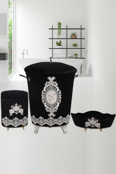 Bonny Home Lisa Siyah Kadife Banyo Kirli Çamaşır Sepeti Seti 3' lü