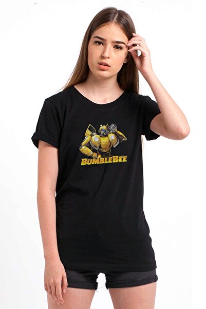 QIVI Tricou tricotat pentru femei Transformers Bumblebee Music negru cu impri...