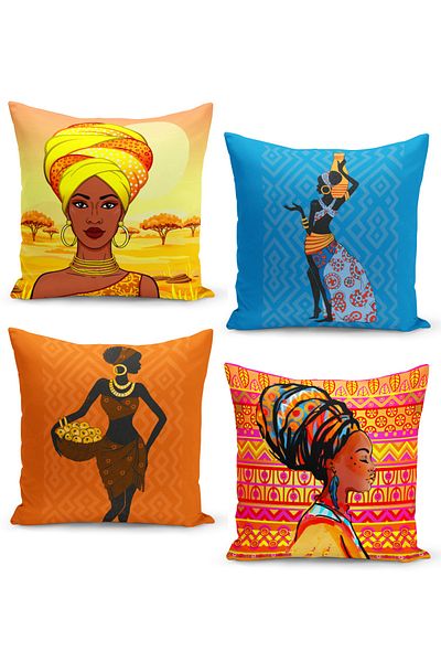 Filamente Set of 4 Throw Pillow Cases with African Portrait Pattern