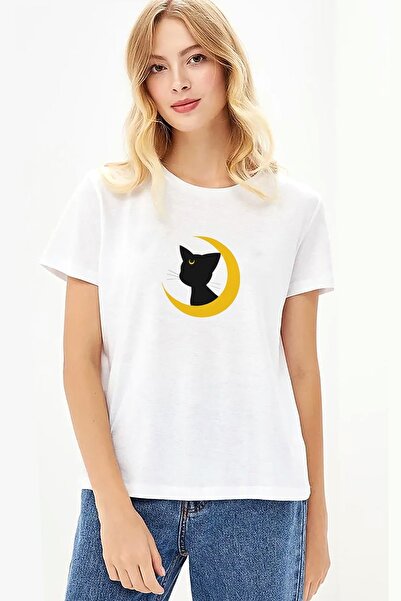 QIVI Silueta Luna Štampano Bela Ženska Pleteno Majica T-shirt T-shirt