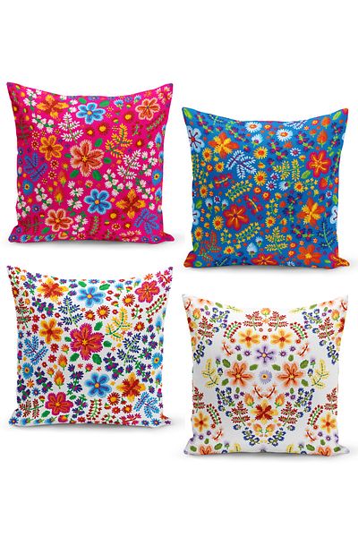 Filamente Set of 4 Throw Pillow Cases with Decorative Flower Embroidery Pattern