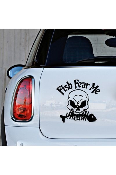 New Jargon Autocolant cu craniu cu inscripția Fish Fear Me și pește în gura 35cm - negru