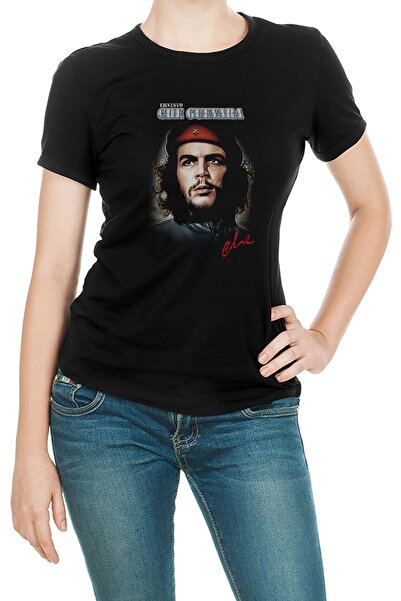QIVI Che Guevara Metal Rock Baskılı Siyah Kadın Örme Tshirt T-shirt Tişört T ...