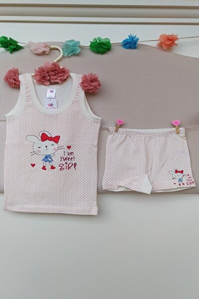 İki Yıldız Baby Girl Cream Colored Rabbit Patterned Red Polka Dot Cotton Unde...