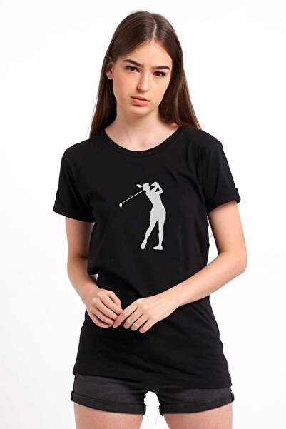 QIVI تيشيرت نسائي محبوك باللون الأسود مطبوع عليه صورة ظلية للجولف