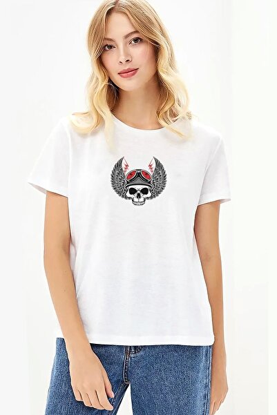 QIVI Skull Wing Lightning Glasses Štampano White Women Pleteno Tshirt