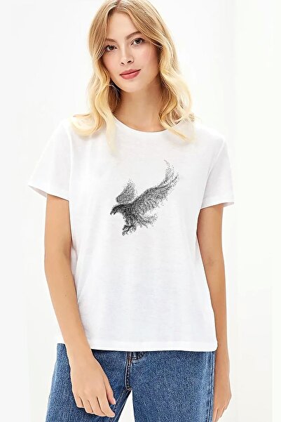 QIVI أصلع النسر أجنحة الطيور الجسيمات المطبوعة الأبيض المرأة محبوك التي شيرت ...