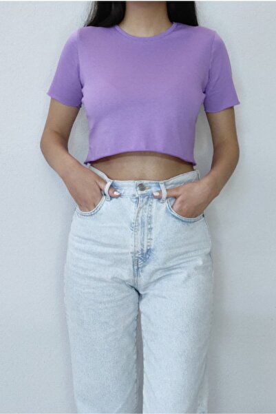 Bomenti Life Women's Lilac Crop Crew Neck 100% Cotton Short Sleeve T-Shirt
