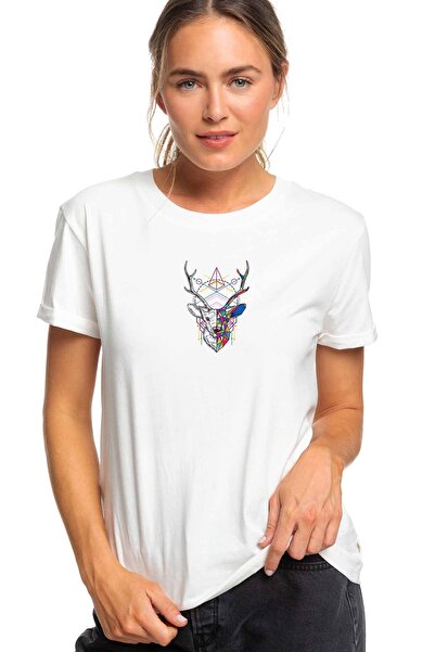 QIVI Trokuti Jelen Geyik Štampano Bela Ženska Pleteno Majica T-shirt T-shirt ...