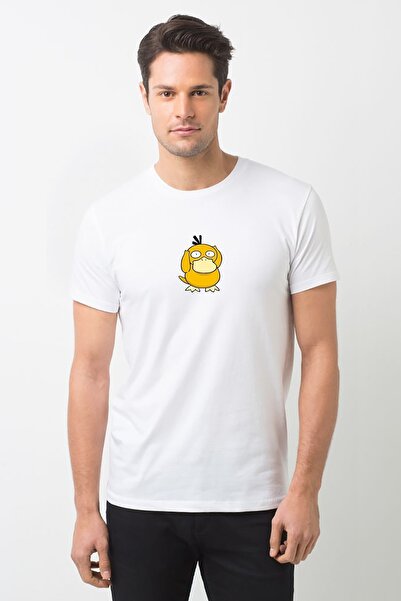 QIVI Tricou tricotat pentru bărbați alb cu imprimeu Pokemon Psyduck Tricou tr...