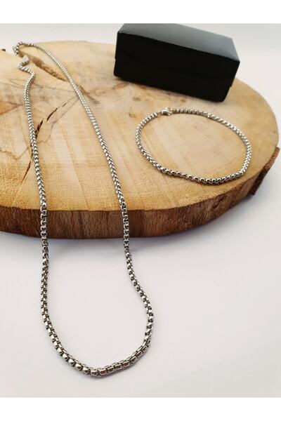 Dukkanka طقم قلادة وسوار من سلسلة موديل محبوك باللون الرمادي للرجال