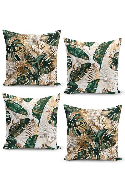 Filamente Set of 4 Throw Pillow Covers Gold and Green Tropical Leaves on a White Background