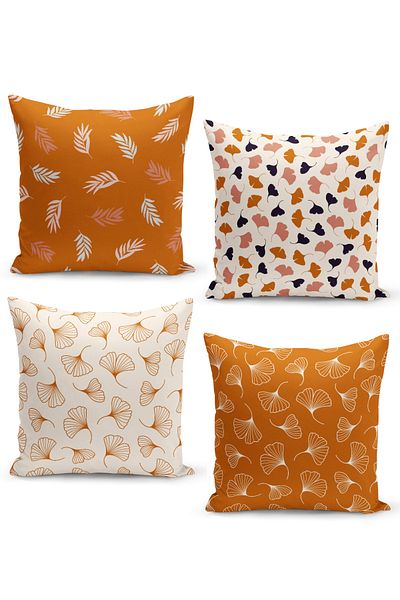 Filamente Set of 4 Throw Pillow Covers, Minimal Style, Palm and Ginkgo Biloba Pattern