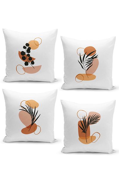 Filamente Set of 4 Throw Pillow Covers with Plant Art Design on White Background