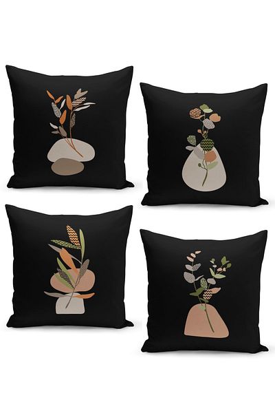 Filamente Set de 4 huse de pernă Plant Art Design pe fundal negru