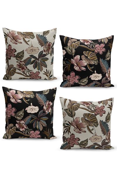 Filamente Set of 4 Throw Pillow Covers Ethnic Flowers Vintage Design