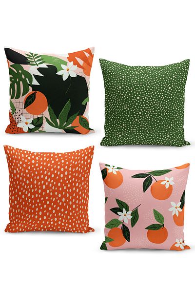 Filamente 4-Piece Throw Pillow Case Set with Modern Exotic Design with Flower and Polka Dot Shapes