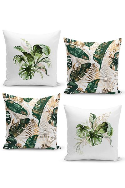 Filamente 4-Piece Throw Pillow Case Set Tropical Flower Bouquet Green And Blush Leaves