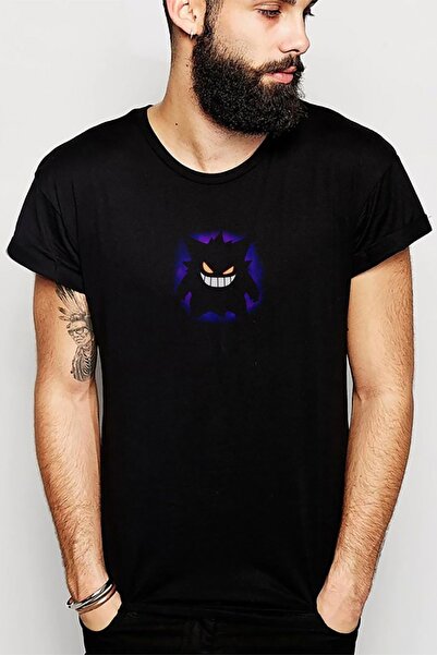 QIVI Tricou tricotat pentru bărbați, negru, cu imprimeu Pokemon Go Gengar