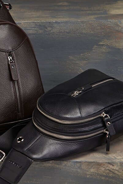 A STAFF Unisex Hakiki Deri Siyah Çapraz Göğüs Sırt Omuz Askılı Postacı Çantas...