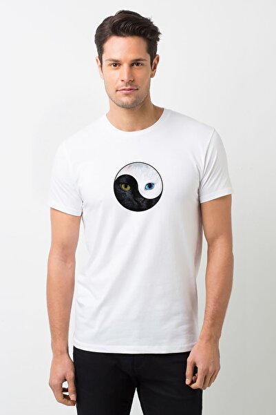 QIVI Ying Yang Cat mačka Štampano Bela muška Pleteno majica T-shirt T-shirt m...