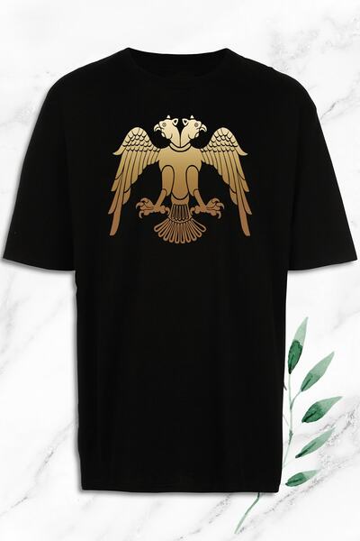perseusshopping Unisex Siyah Oversize Anadolu Selçuklu Çift Başlı Kartal Bask...
