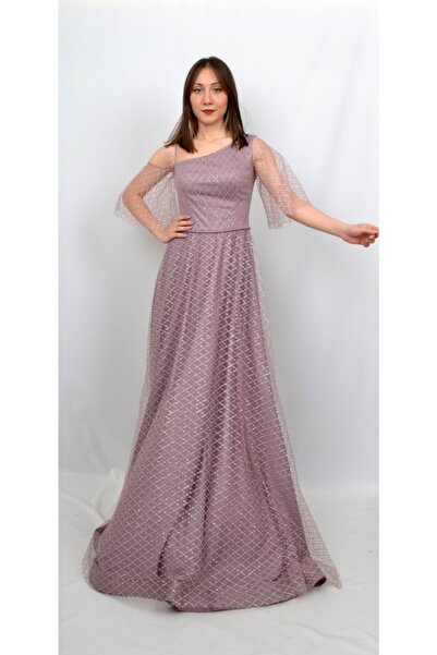 ALİS DRESS Kadın Lavanta Rengi Tek Omuz Kare Desenli Abiye