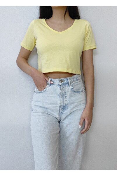 Bomenti Life Women's Yellow Crop V-collar 100% Cotton Short Sleeve T-shirt