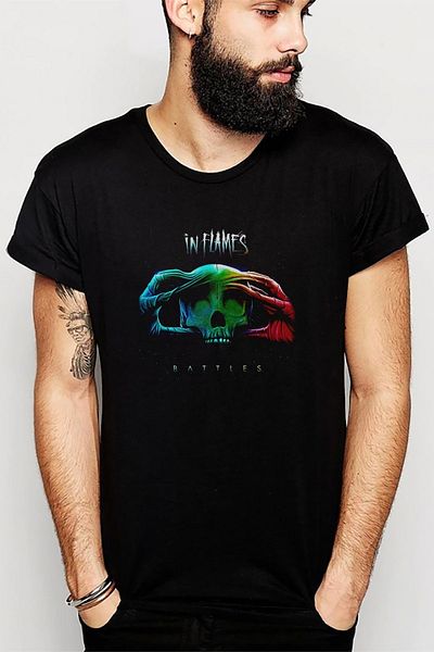 QIVI Ανδρικό πλεκτό μπλουζάκι In Flames Battles Metal Rock Music με στάμπα μαύρο