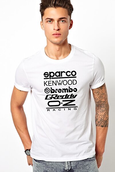 QIVI Tricou tricotat pentru bărbați, alb, cu imprimeu Sparco Kenwood Brembo G...