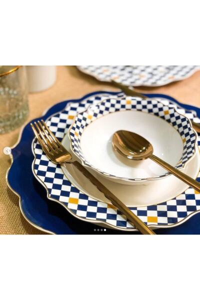Pink&More Modern Lacivert Sarı Beyaz Dama Desen 24 Parça Yemek Takımı