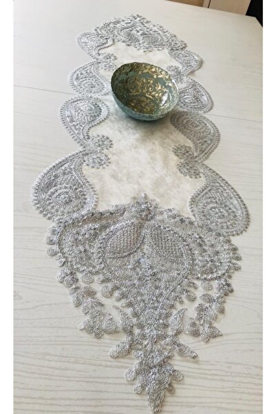 YÜCEL ÇEYİZ Krem  Gri Violet Fransız Dantelli Runner