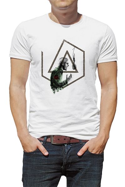 QIVI Link In Park Chester Bennington Tricou tricotat pentru bărbați alb cu imprimeu amorțit