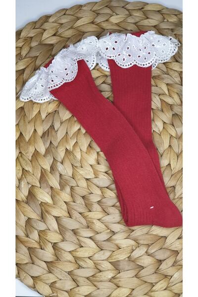 BAL KÜPÜ AKSESUAR Baby Girl Burgundy Lace Knee-Cuff Socks