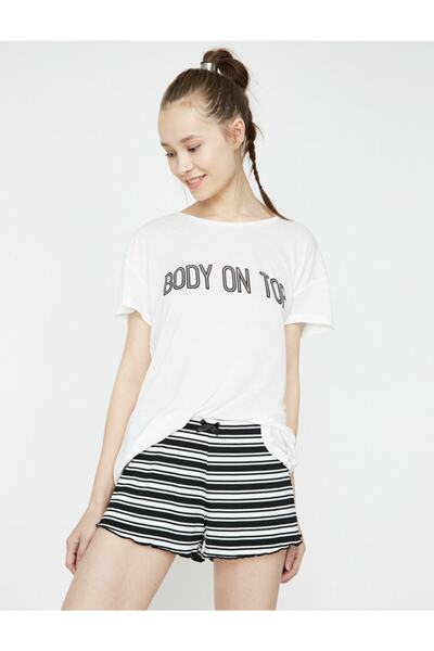 Koton Γυναικείο εκρού γράμμα με στάμπα Crew λαιμόκοψη κοντό μανίκι ριγέ Σετ πιτζάμα 9YLK74280MK