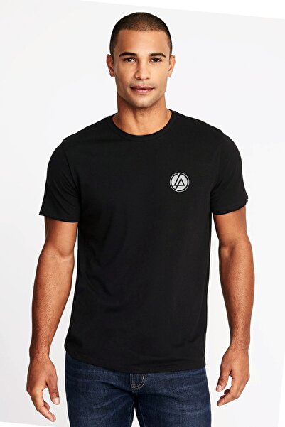 QIVI تي شيرت لينكين بارك بشعار الصدر مطبوع عليه شعار أسود للرجال منسوج تي شيرت