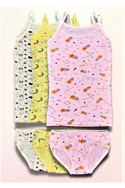 ADN Underwear Комплект от 3 памучни бикини с шарки и мотиви за момичета, жълти, сиви и розови