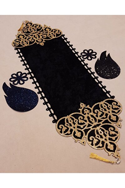 SEHARA Runner/masa Örtüsü/dekoratif/kadife/lux ;5 Parça-siyah Üzeri Altın Sim Işlemeli